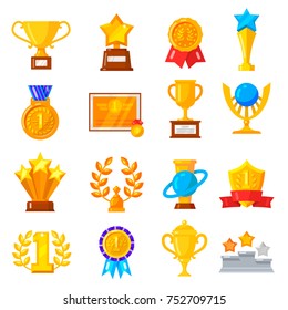 Juego de iconos de galardones. Premios profesionales y corporativos de oro por logros sobresalientes en trabajo y estudio. Dibujo de dibujos animados de estilo plano vectorial aislado en fondo blanco