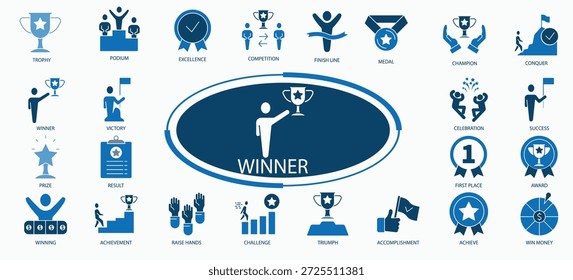 Award and Trophy Icon Set, Winner, Medal, Prize and Achievement Outline Pack, Success,Victory Vector Collection. Champion, Badge, Certificate ,Leadership Icons,Winning,Premium Quality Illustration.