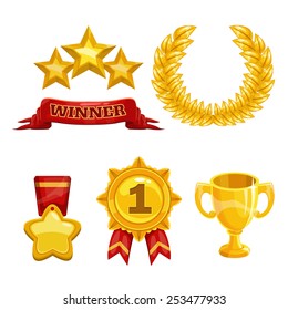 Award and trophy icons set, isolated vector golden elements