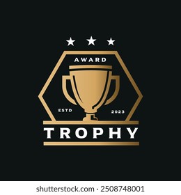 Logotipo do troféu de prêmio com design elegante de troféu de cor dourada em forma de hexágono, acompanhado por três estrelas. Este logotipo é perfeito para uso em eventos de premiação, competições