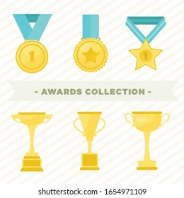 Award trophy and medal. Simple awards colored line icons set