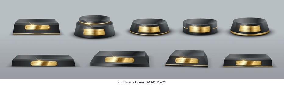 Award trophy podiums with golden tag realistic vector illustration set. Pedestals for winner prizes 3d models on light background collection