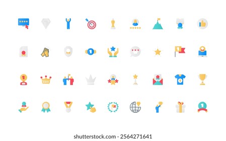 Award and trophy recognition of victory, pride and respect for winner and champion color icon set. Golden cup and medal for first place, quality mark and crown flat elements vector illustration