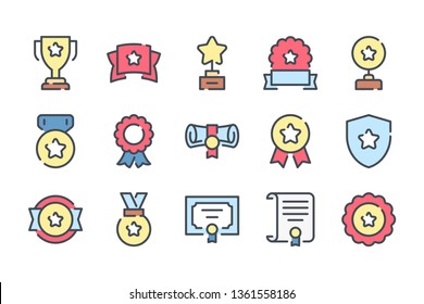 Award trophy related color line icon set. Prize cup and reward linear icons. Diploma and medals colorful outline vector sign collection.