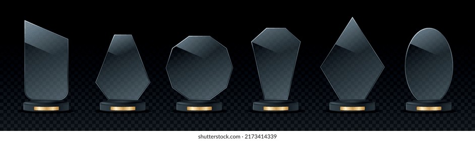 Award trophy set. Collection of awards for winners in competitions. Glass goblets and cups for rewarding, goal achievement and motivation. Realistic vector illustrations on transparent background