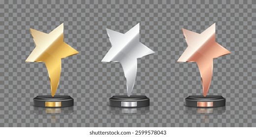 Award trophy set of golden, silver and bronze colors. Metal star shaped cups on transparent background. Realistic vector set of winners cups for sport competition, business achievement, recognition.