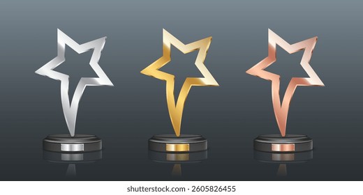 Award trophy set of golden, silver and bronze colors. Metal star shaped cups on gray background. Realistic vector illustration of winners cups for sport competition, business achievement, recognition.