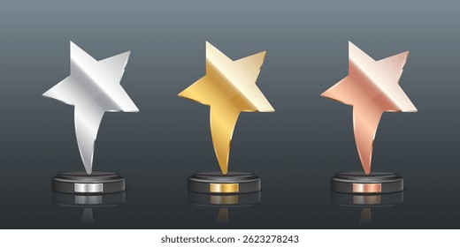 Award trophy set of golden, silver and bronze colors. Metal star shaped cups on gray background. Realistic vector illustration of winners cups for sport competition, business achievement, recognition.