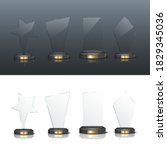 Award trophy set. Star and rectangle shaped glass prize statues on white and black background. Champion glory in competition vector illustration. Hollywood fame in film or championship in sport.