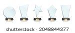 Award trophy set. Star and rectangle shaped glass prize statues on white background. Champion glory in competition vector illustration. 