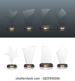 Award trophy set. Star and rectangle shaped glass prize statues on white and black background. Champion glory in competition vector illustration. Hollywood fame in film or championship in sport.