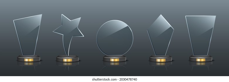 Award trophy set. Star and rectangle shaped glass prize statues on gray background. Champion glory in competition vector illustration. Hollywood fame in film or championship in sport.