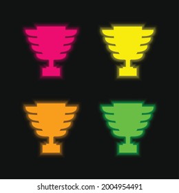 Award Trophy Shape four color glowing neon vector icon