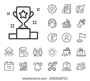 Award trophy sign. Salaryman, gender equality and alert bell outline icons. Winner cup line icon. Best achievement symbol. Winner cup line sign. Spy or profile placeholder icon. Vector