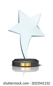 Award trophy, star shaped glass prize statue on white background. Champion glory in competition vector illustration. Fame in film or championship in sport.