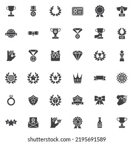 Award trophy vector icons set, modern solid symbol collection, filled style pictogram pack. Signs, logo illustration. Set includes icons as award ribbon, laurel wreath, badge, fireworks, star