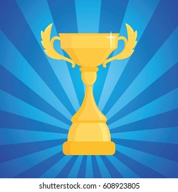 Award trophy vector illustration. Cup of the winner on a blue striped background with light.