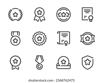 Award and Trophy vector line icons. Victory Medal and Winner Ribbon outline icon set. Prize badge, Certificate, Diploma and more.