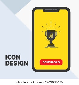 award, trophy, win, prize, first Glyph Icon in Mobile for Download Page. Yellow Background