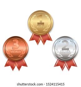 Award trophy. Winners medals. Gold. Silver. Bronze. Award medals. Set of realistic vector images.