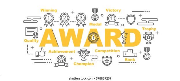 Award Vector Banner Design Concept, Flat Style With Thin Line Art Icons On White Background
