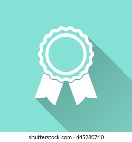 Award vector icon with long shadow. White illustration isolated on green background for graphic and web design.