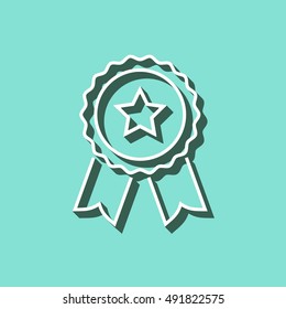 Award vector icon with shadow. White illustration isolated on green background for graphic and web design.