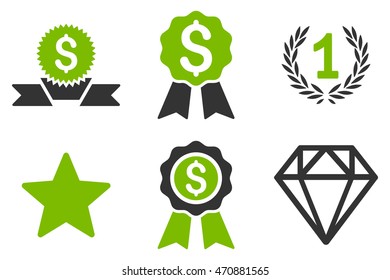 Award vector icons. Pictogram style is bicolor eco green and gray flat icons with rounded angles on a white background.