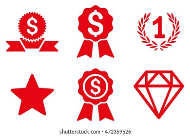 Award vector icons. Pictogram style is red flat icons with rounded angles on a white background.
