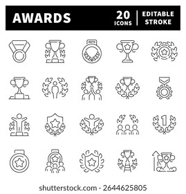 Award vector icons. Award icons set in line style. Success, trophy, medal, cup, benefit, achievement related icons
