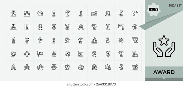 Award vector line icon set. Outline icons pack. Editable vector art and illustration. Rank icon set. It contains symbols to medal, championship, badge, achievement, rank and more.