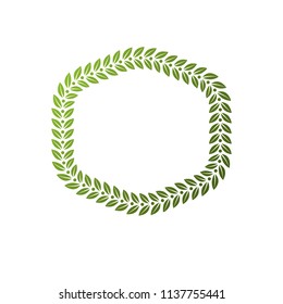 Award vintage hexagonal frame with clear copy space made as spring design decorated with green tree leaves. Vector retro style label, heraldry emblem isolated on white background.