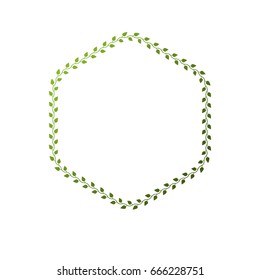 Award vintage hexagonal frame with clear copy space made as spring design decorated with green tree leaves. Vector retro style label, heraldry emblem isolated on white background.
