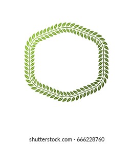 Award vintage hexagonal frame with clear copy space made as spring design decorated with green tree leaves. Vector retro style label, heraldry emblem isolated on white background.
