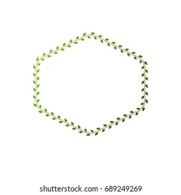 Award vintage hexagonal frame with clear copy space made as spring design decorated with green tree leaves. Vector retro style label, heraldry emblem isolated on white background.
