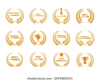 Award win golden laurel wreath best seller honor achievement label design template set vector flat illustration. Shopping reward success certificate pride winning ceremony gold luxury branch