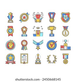 Award For Winner In Championship Icons Set Vector. Trophy Award In Form Star And Diploma Certificate For Win And Victory In Sportive Competition. Golden Medal And Cup Color Illustrations