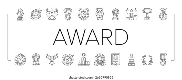 Award For Winner In Championship Icons Set Vector. Trophy Award In Form Star And Diploma Certificate For Win And Victory In Sportive Competition. Golden Medal And Cup Black Contour Illustrations