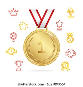 Award Winner Concept with Realistic Detailed 3d Gold Medal and Color Outline Icons Include of Tag, Mic and Cup. Vector illustration