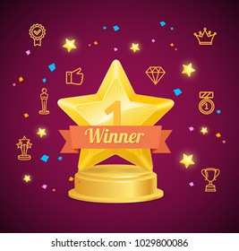 Award Winner Concept with Realistic Detailed 3d Gold Star and Color Outline Icons Include of Brilliant, Crown and Thumb Up. Vector illustration