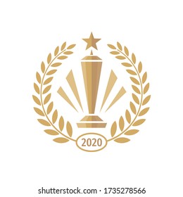 Award winner cup with laurel wreath - vector logo template concept illustration in flat style. Star with rays and abstract shapes. Creative sign. Design element. 