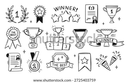 Award and winner doodle, hand drawn trophy and laurel wreath for champion banner, esports design and victory ceremony or school achievement. Vector isolated set of competition graphics, prize emblem.