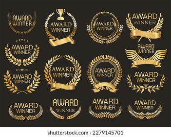 Award Winner emblem collection of gold laurel wreath vector illustration