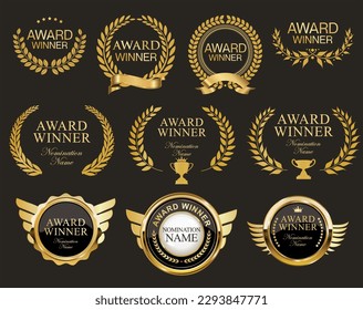 Award Winner emblem collection of gold laurel wreath vector illustration