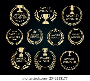 Award Winner emblem collection of gold laurel wreath black text 