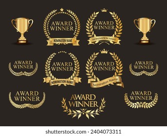 Award Winner emblem collection of gold laurel wreath vector illustration 