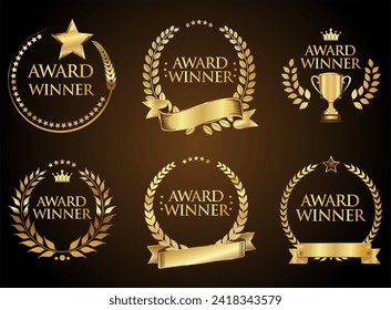 Award Winner emblem collection of gold laurel wreath black text	