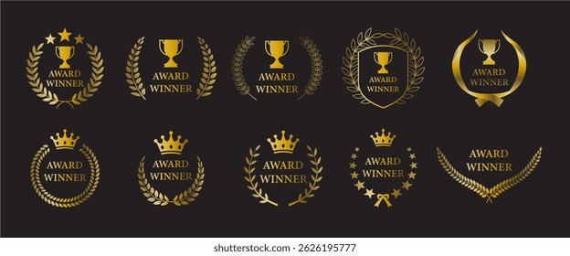 Award Winner Emblem Collection – Gold Laurel Wreath Badges, Trophy Icons, and Royal Crown Symbols on Black Background