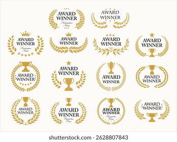 Award Winner emblem collection of gold laurel with gold  text isolated on white background