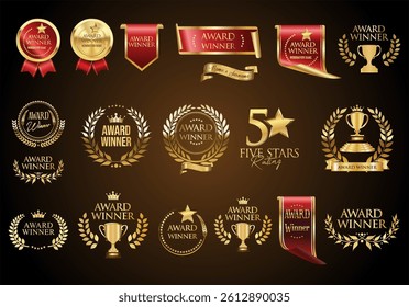 Award Winner emblem and label collection of gold laurel wreath stock illustration
